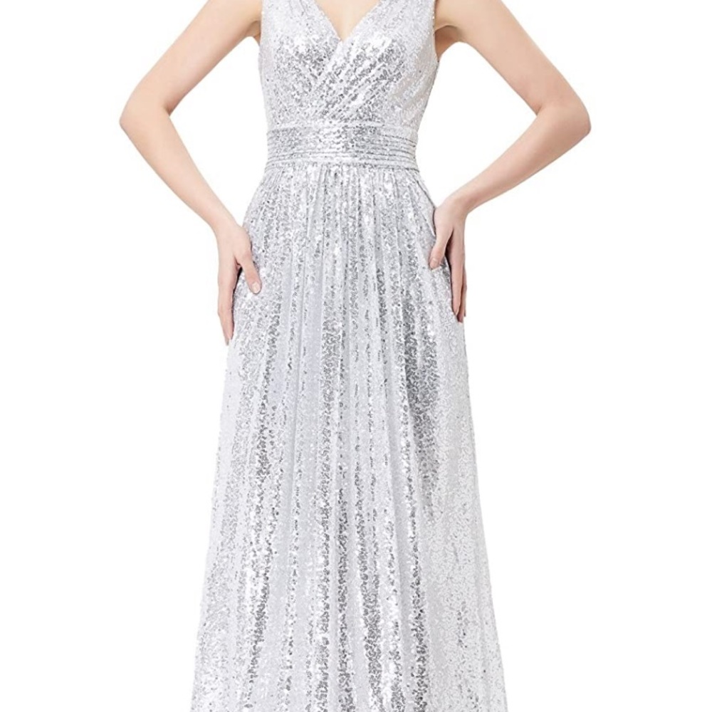 Silver Sequin Bridesmaid Dress Sleeveless Maxi Prom Evening Gown
